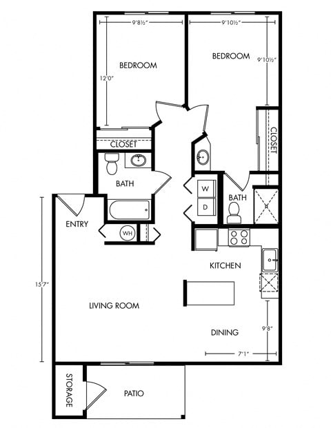 Floor plan for 2 beds, 2 baths, 921 sqft